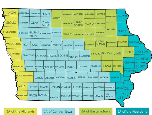 image of the state of Iowa broken down by county and divided by area office